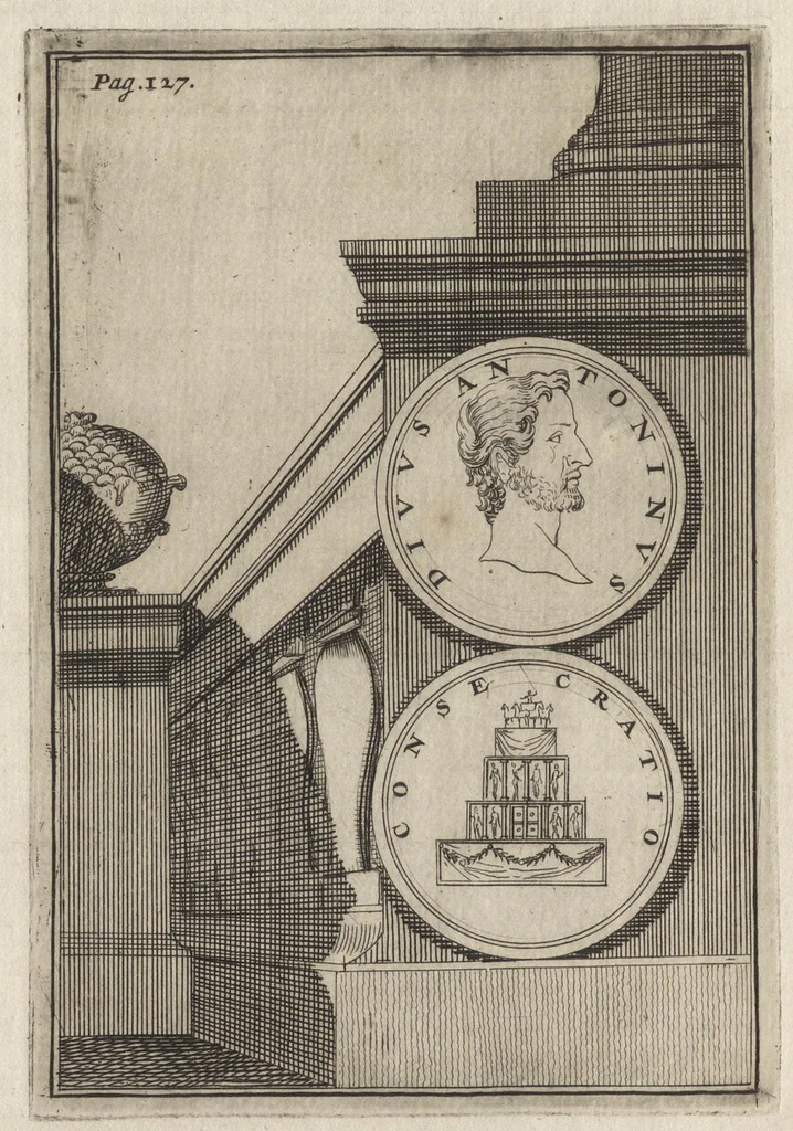 An illustration from Constantii Landi, Complani comitis, Selectiorvm nvmismatvm praecipve Romanorvm expositiones : elegantibus nummorum ectypis, & indicibus necessariis instructae, 1695, leaf 215
