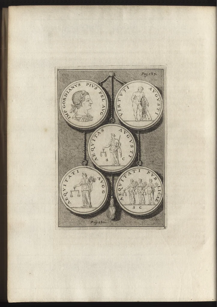 An illustration from Constantii Landi, Complani comitis, Selectiorvm nvmismatvm praecipve Romanorvm expositiones : elegantibus nummorum ectypis, & indicibus necessariis instructae, 1695, leaf 231