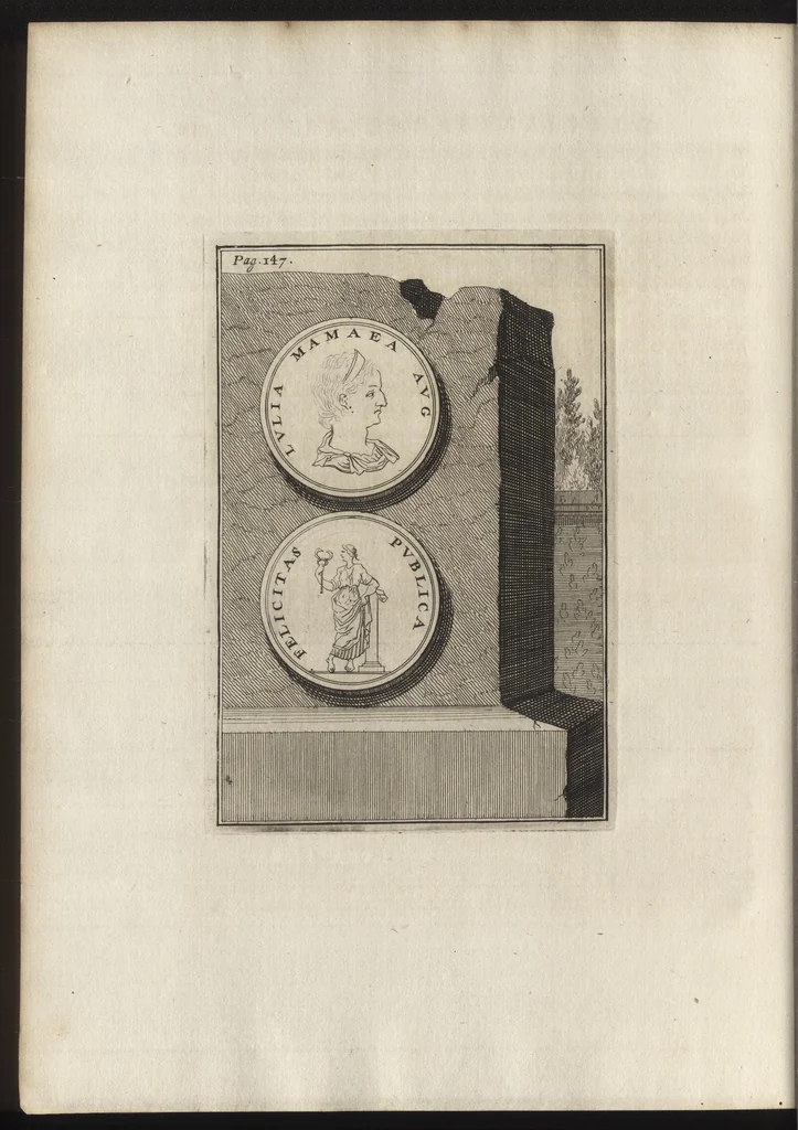 An illustration from Constantii Landi, Complani comitis, Selectiorvm nvmismatvm praecipve Romanorvm expositiones : elegantibus nummorum ectypis, & indicibus necessariis instructae, 1695, leaf 245