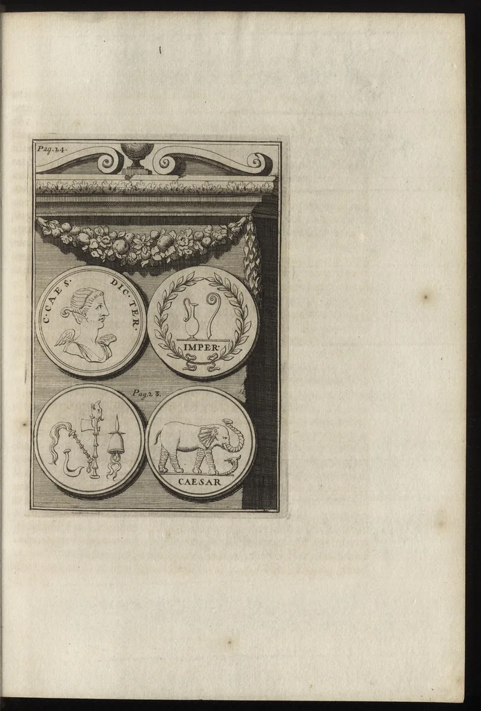 An illustration from Constantii Landi, Complani comitis, Selectiorvm nvmismatvm praecipve Romanorvm expositiones : elegantibus nummorum ectypis, & indicibus necessariis instructae, 1695, leaf 52
