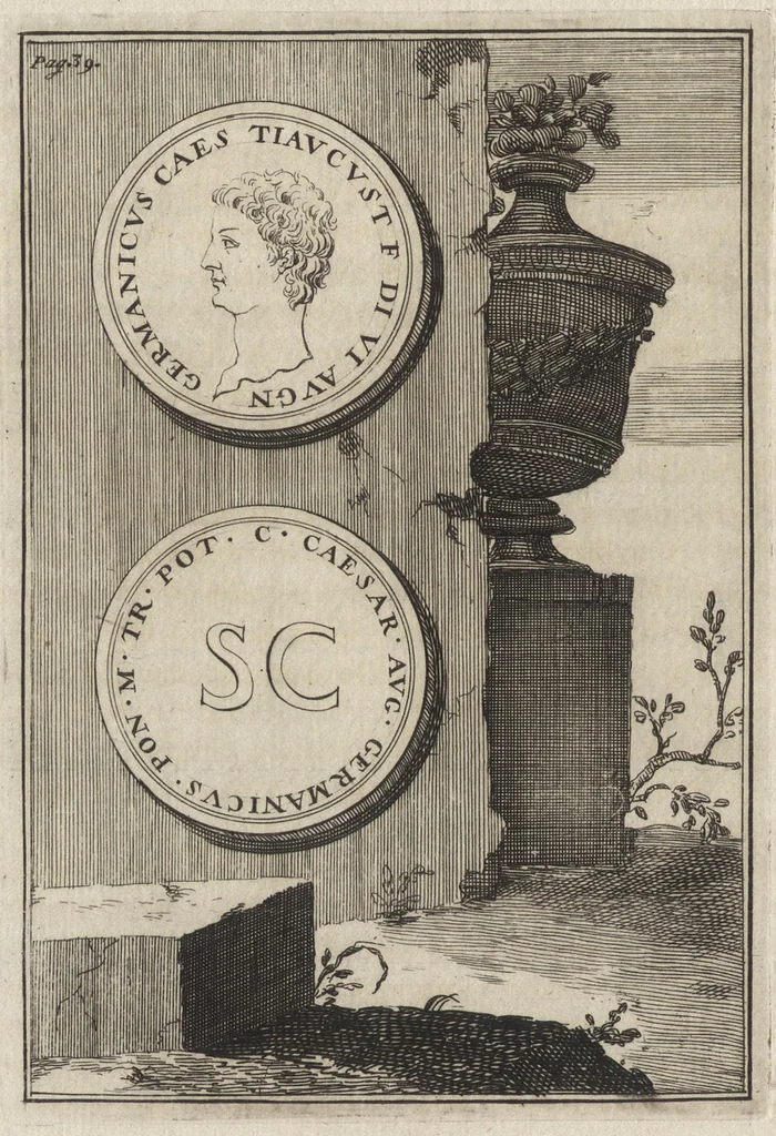 An illustration from Constantii Landi, Complani comitis, Selectiorvm nvmismatvm praecipve Romanorvm expositiones : elegantibus nummorum ectypis, & indicibus necessariis instructae, 1695, leaf 73