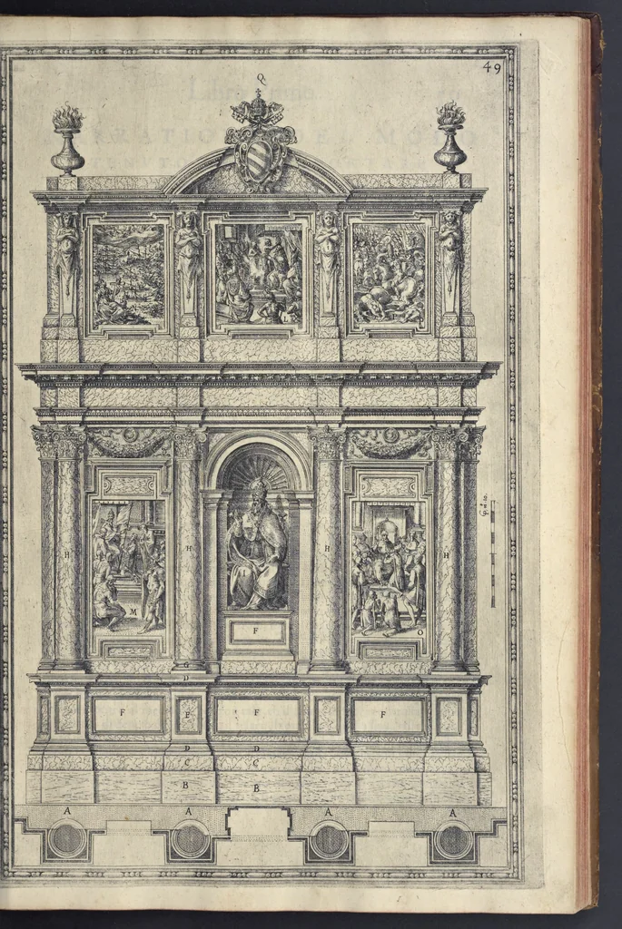 An illustration from Della trasportatione dell'obelisco vaticano et delle fabriche di nostro signore papa Sisto V, fatte dal cavallier Domenico Fontana, architetto di Sva Santita, libro primo, 1590, leaf 106