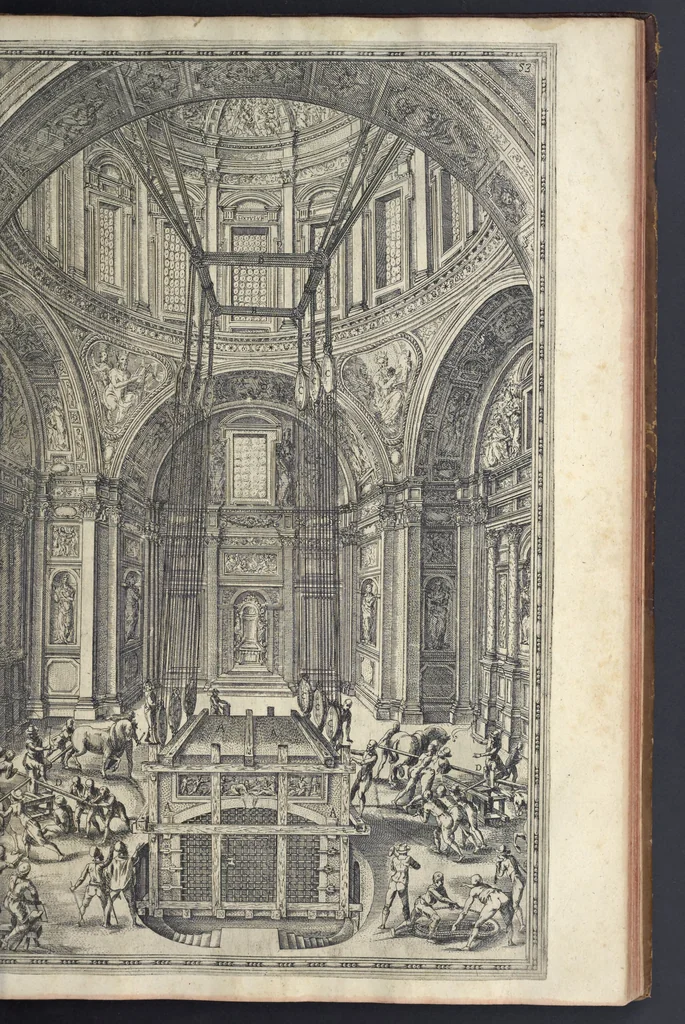 An illustration from Della trasportatione dell'obelisco vaticano et delle fabriche di nostro signore papa Sisto V, fatte dal cavallier Domenico Fontana, architetto di Sva Santita, libro primo, 1590, leaf 114