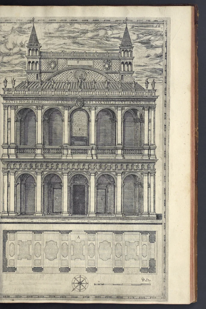 An illustration from Della trasportatione dell'obelisco vaticano et delle fabriche di nostro signore papa Sisto V, fatte dal cavallier Domenico Fontana, architetto di Sva Santita, libro primo, 1590, leaf 124