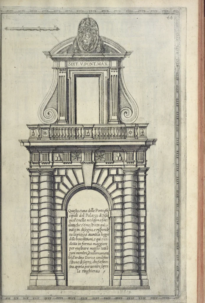 An illustration from Della trasportatione dell'obelisco vaticano et delle fabriche di nostro signore papa Sisto V, fatte dal cavallier Domenico Fontana, architetto di Sva Santita, libro primo, 1590, leaf 142