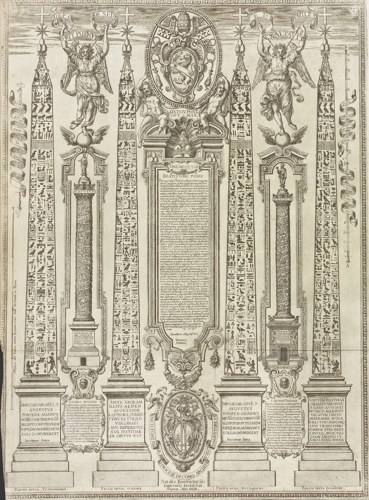 An illustration from Della trasportatione dell'obelisco vaticano et delle fabriche di nostro signore papa Sisto V, fatte dal cavallier Domenico Fontana, architetto di Sva Santita, libro primo, 1590, leaf 166