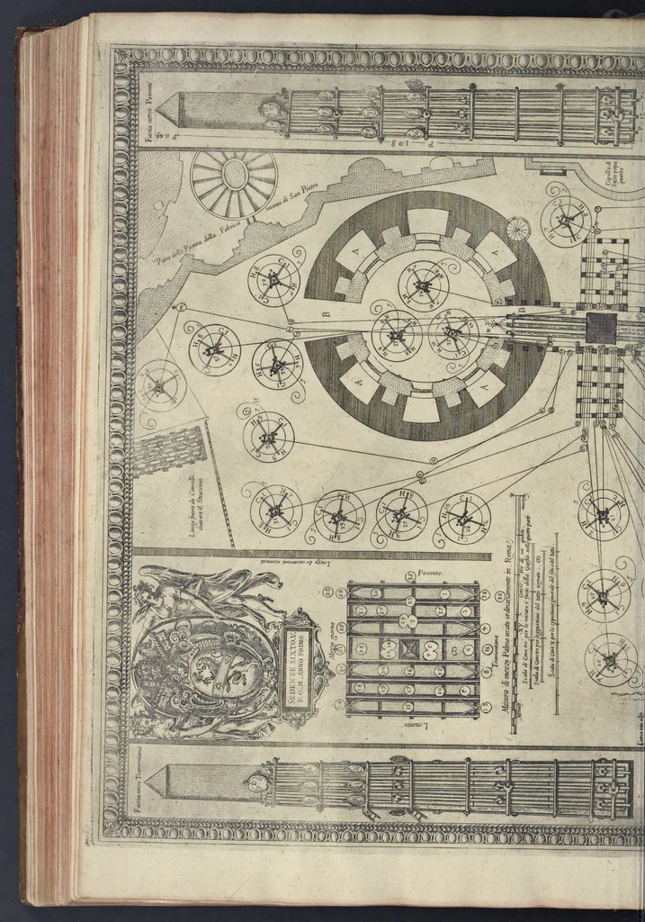 An illustration from Della trasportatione dell'obelisco vaticano et delle fabriche di nostro signore papa Sisto V, fatte dal cavallier Domenico Fontana, architetto di Sva Santita, libro primo, 1590, leaf 233