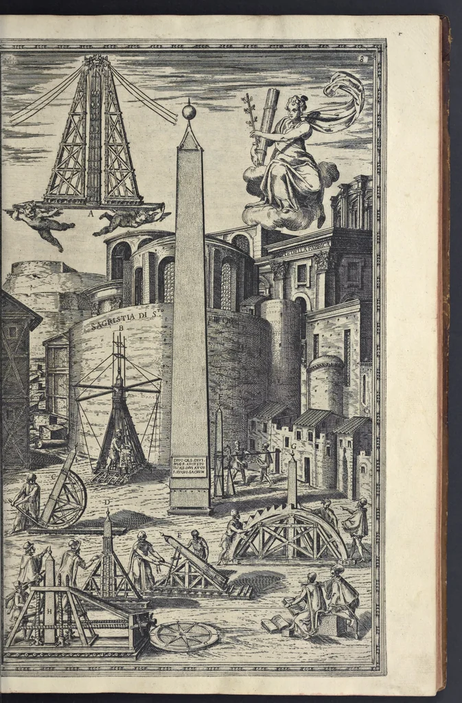 An illustration from Della trasportatione dell'obelisco vaticano et delle fabriche di nostro signore papa Sisto V, fatte dal cavallier Domenico Fontana, architetto di Sva Santita, libro primo, 1590, leaf 24