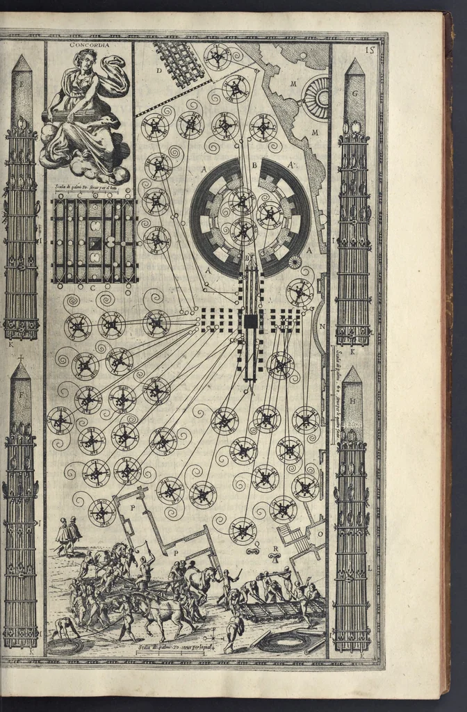 An illustration from Della trasportatione dell'obelisco vaticano et delle fabriche di nostro signore papa Sisto V, fatte dal cavallier Domenico Fontana, architetto di Sva Santita, libro primo, 1590, leaf 38