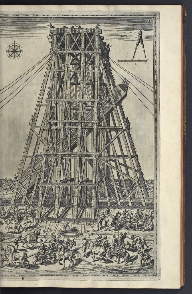 An illustration from Della trasportatione dell'obelisco vaticano et delle fabriche di nostro signore papa Sisto V, fatte dal cavallier Domenico Fontana, architetto di Sva Santita, libro primo, 1590, leaf 44