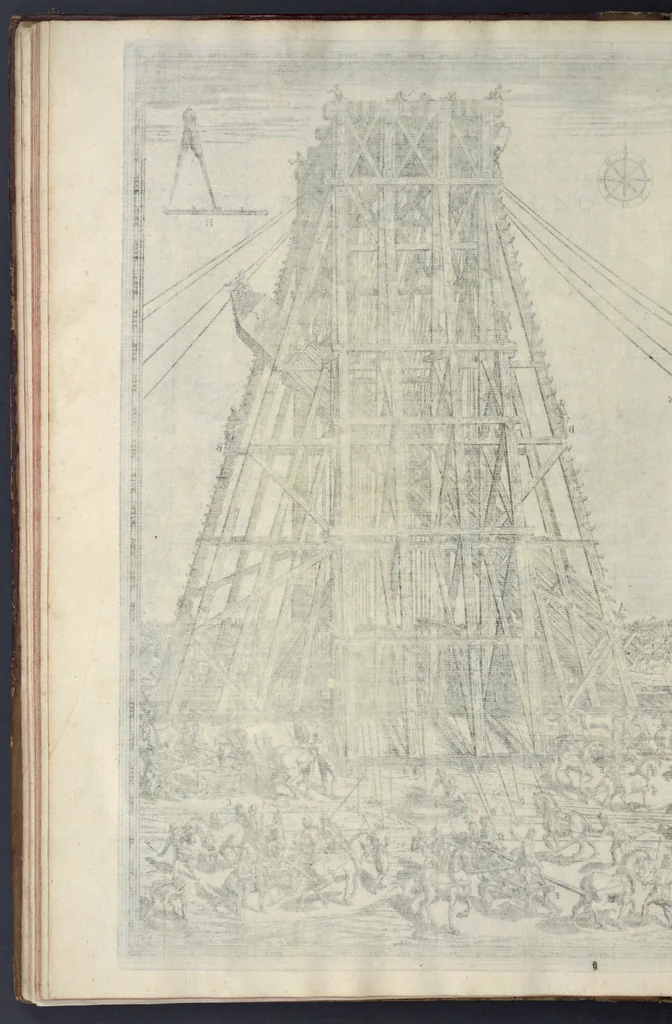 An illustration from Della trasportatione dell'obelisco vaticano et delle fabriche di nostro signore papa Sisto V, fatte dal cavallier Domenico Fontana, architetto di Sva Santita, libro primo, 1590, leaf 45