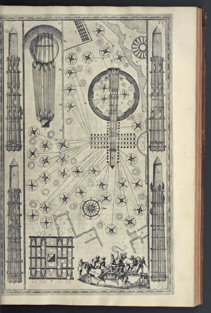 An illustration from Della trasportatione dell'obelisco vaticano et delle fabriche di nostro signore papa Sisto V, fatte dal cavallier Domenico Fontana, architetto di Sva Santita, libro primo, 1590, leaf 52
