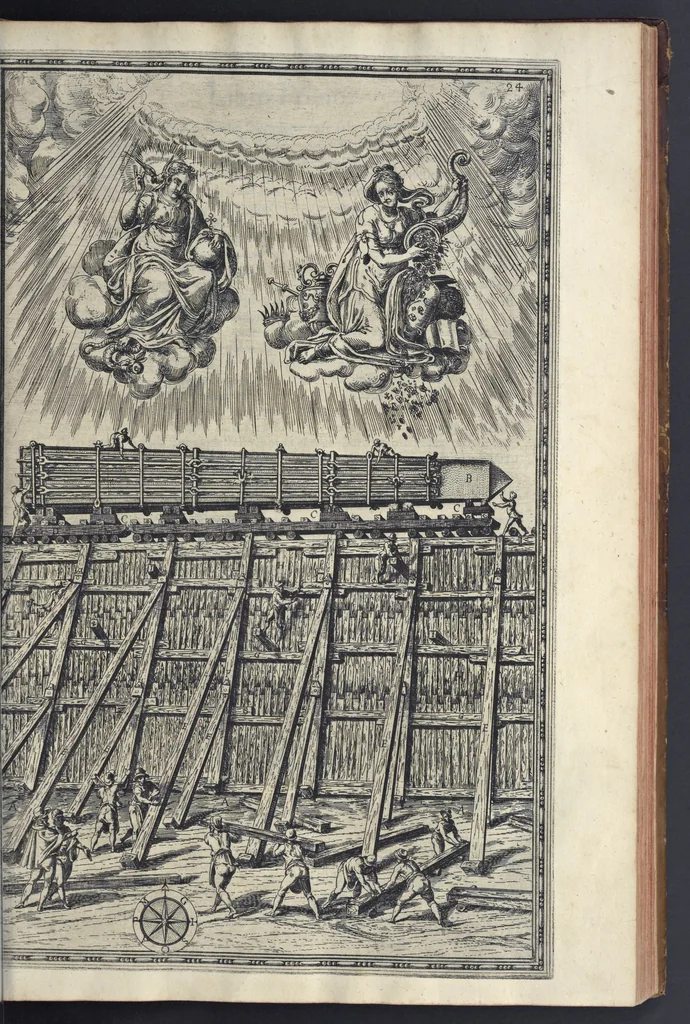 An illustration from Della trasportatione dell'obelisco vaticano et delle fabriche di nostro signore papa Sisto V, fatte dal cavallier Domenico Fontana, architetto di Sva Santita, libro primo, 1590, leaf 56