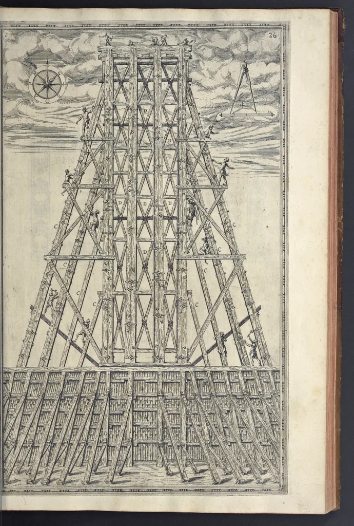 An illustration from Della trasportatione dell'obelisco vaticano et delle fabriche di nostro signore papa Sisto V, fatte dal cavallier Domenico Fontana, architetto di Sva Santita, libro primo, 1590, leaf 60