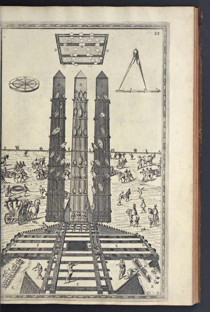 An illustration from Della trasportatione dell'obelisco vaticano et delle fabriche di nostro signore papa Sisto V, fatte dal cavallier Domenico Fontana, architetto di Sva Santita, libro primo, 1590, leaf 64