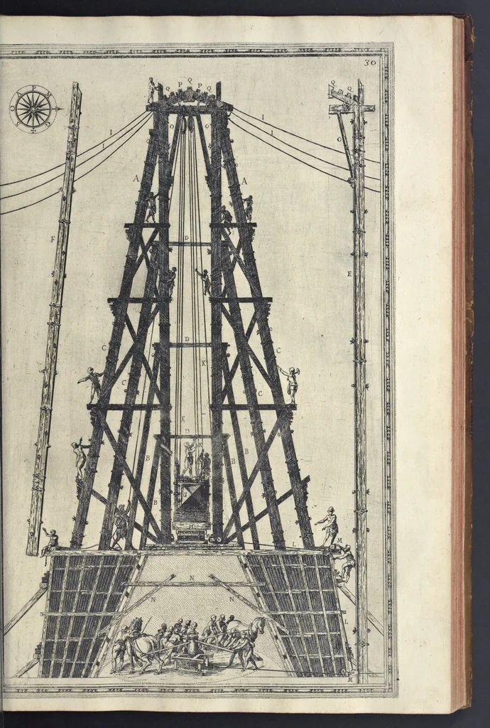 An illustration from Della trasportatione dell'obelisco vaticano et delle fabriche di nostro signore papa Sisto V, fatte dal cavallier Domenico Fontana, architetto di Sva Santita, libro primo, 1590, leaf 68