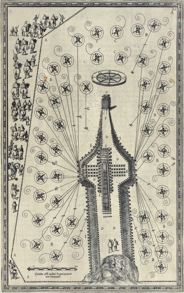 An illustration from Della trasportatione dell'obelisco vaticano et delle fabriche di nostro signore papa Sisto V, fatte dal cavallier Domenico Fontana, architetto di Sva Santita, libro primo, 1590, leaf 72