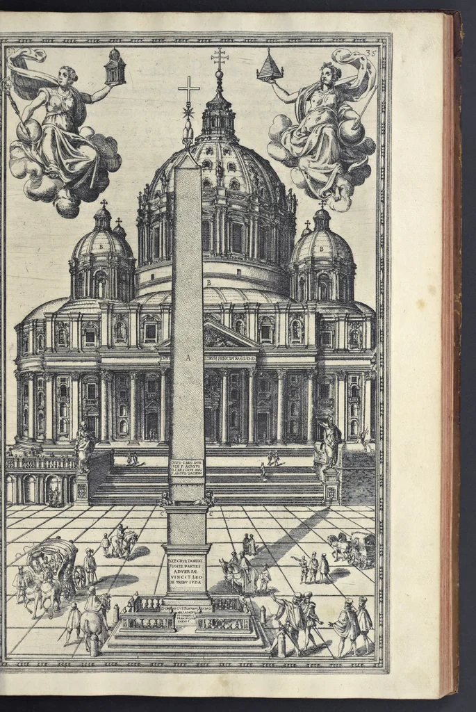 An illustration from Della trasportatione dell'obelisco vaticano et delle fabriche di nostro signore papa Sisto V, fatte dal cavallier Domenico Fontana, architetto di Sva Santita, libro primo, 1590, leaf 78