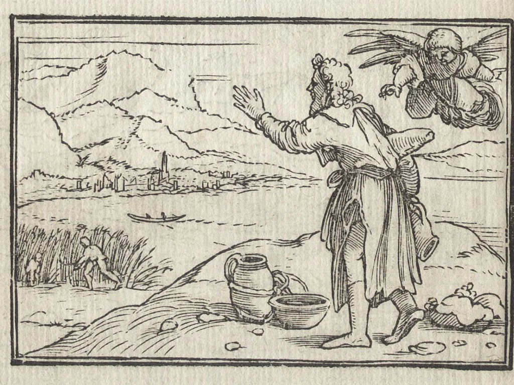 An illustration from Icones historiarvm Veteris Testamenti : ad viuum expressae, extremàque diligentia emendatiores factae : Gallicis in expositione homoeoteleutis, ac versuum ordinibus (qui priùs turbati, ac impares) suo numero restitutis, 1547, leaf 101