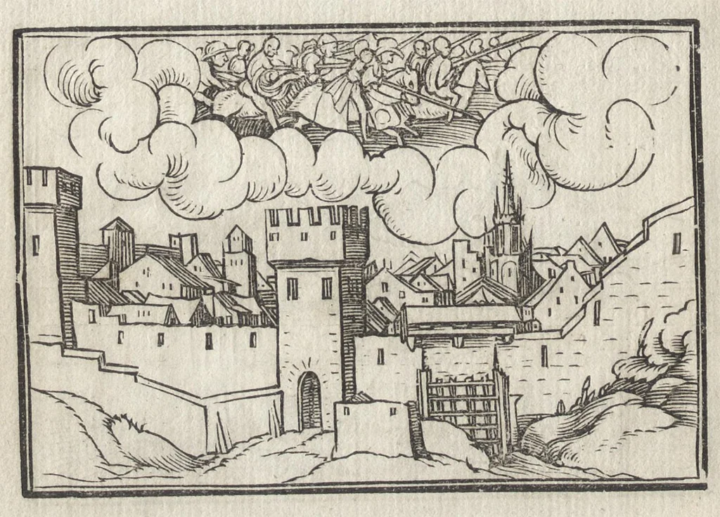 An illustration from Icones historiarvm Veteris Testamenti : ad viuum expressae, extremàque diligentia emendatiores factae : Gallicis in expositione homoeoteleutis, ac versuum ordinibus (qui priùs turbati, ac impares) suo numero restitutis, 1547, leaf 103