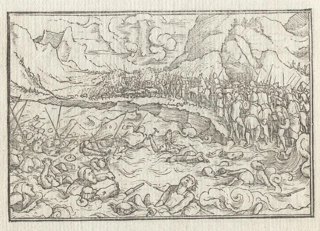 An illustration from Icones historiarvm Veteris Testamenti : ad viuum expressae, extremàque diligentia emendatiores factae : Gallicis in expositione homoeoteleutis, ac versuum ordinibus (qui priùs turbati, ac impares) suo numero restitutis, 1547, leaf 25