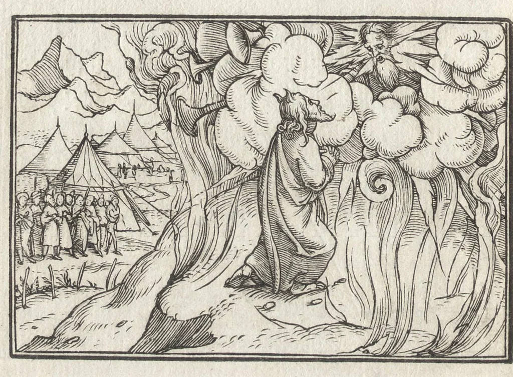 An illustration from Icones historiarvm Veteris Testamenti : ad viuum expressae, extremàque diligentia emendatiores factae : Gallicis in expositione homoeoteleutis, ac versuum ordinibus (qui priùs turbati, ac impares) suo numero restitutis, 1547, leaf 27