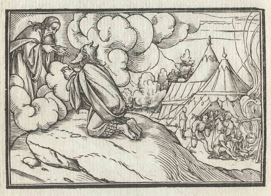 An illustration from Icones historiarvm Veteris Testamenti : ad viuum expressae, extremàque diligentia emendatiores factae : Gallicis in expositione homoeoteleutis, ac versuum ordinibus (qui priùs turbati, ac impares) suo numero restitutis, 1547, leaf 31