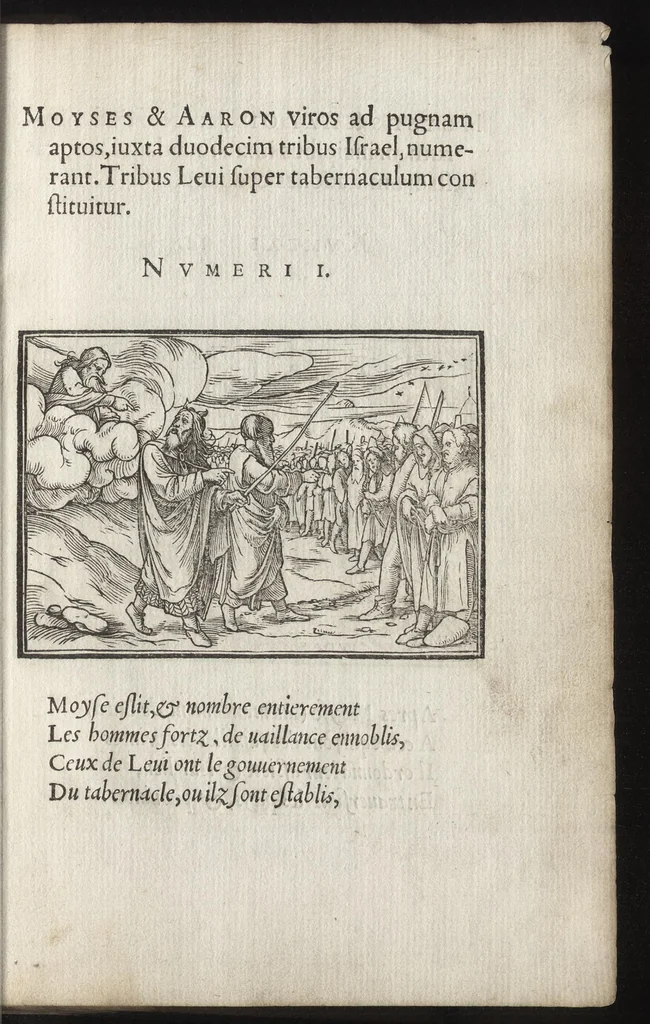 An illustration from Icones historiarvm Veteris Testamenti : ad viuum expressae, extremàque diligentia emendatiores factae : Gallicis in expositione homoeoteleutis, ac versuum ordinibus (qui priùs turbati, ac impares) suo numero restitutis, 1547, leaf 34