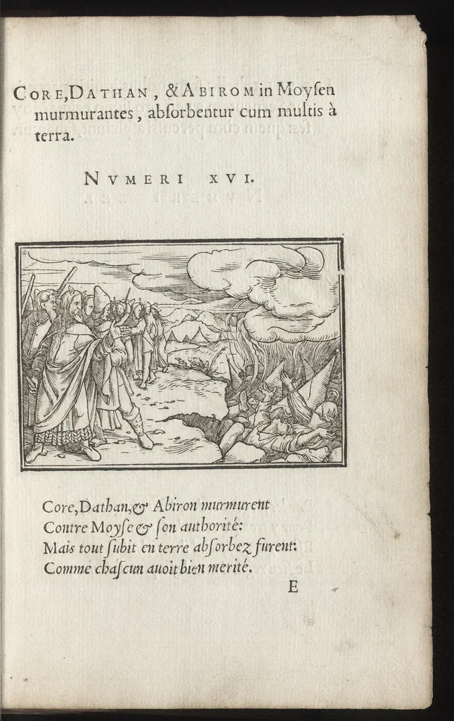 An illustration from Icones historiarvm Veteris Testamenti : ad viuum expressae, extremàque diligentia emendatiores factae : Gallicis in expositione homoeoteleutis, ac versuum ordinibus (qui priùs turbati, ac impares) suo numero restitutis, 1547, leaf 36