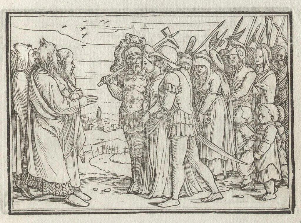 An illustration from Icones historiarvm Veteris Testamenti : ad viuum expressae, extremàque diligentia emendatiores factae : Gallicis in expositione homoeoteleutis, ac versuum ordinibus (qui priùs turbati, ac impares) suo numero restitutis, 1547, leaf 38