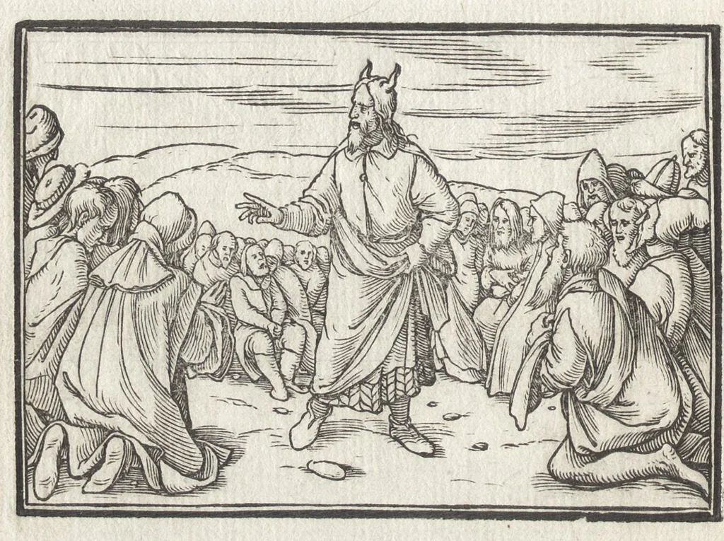 An illustration from Icones historiarvm Veteris Testamenti : ad viuum expressae, extremàque diligentia emendatiores factae : Gallicis in expositione homoeoteleutis, ac versuum ordinibus (qui priùs turbati, ac impares) suo numero restitutis, 1547, leaf 39