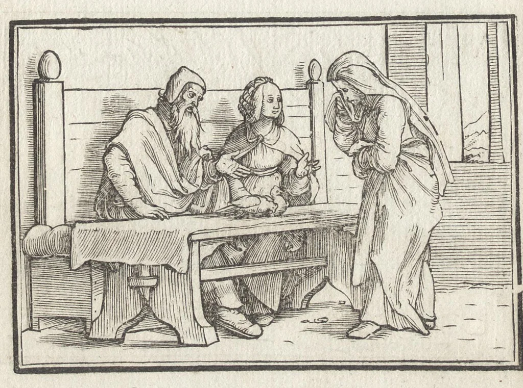 An illustration from Icones historiarvm Veteris Testamenti : ad viuum expressae, extremàque diligentia emendatiores factae : Gallicis in expositione homoeoteleutis, ac versuum ordinibus (qui priùs turbati, ac impares) suo numero restitutis, 1547, leaf 45