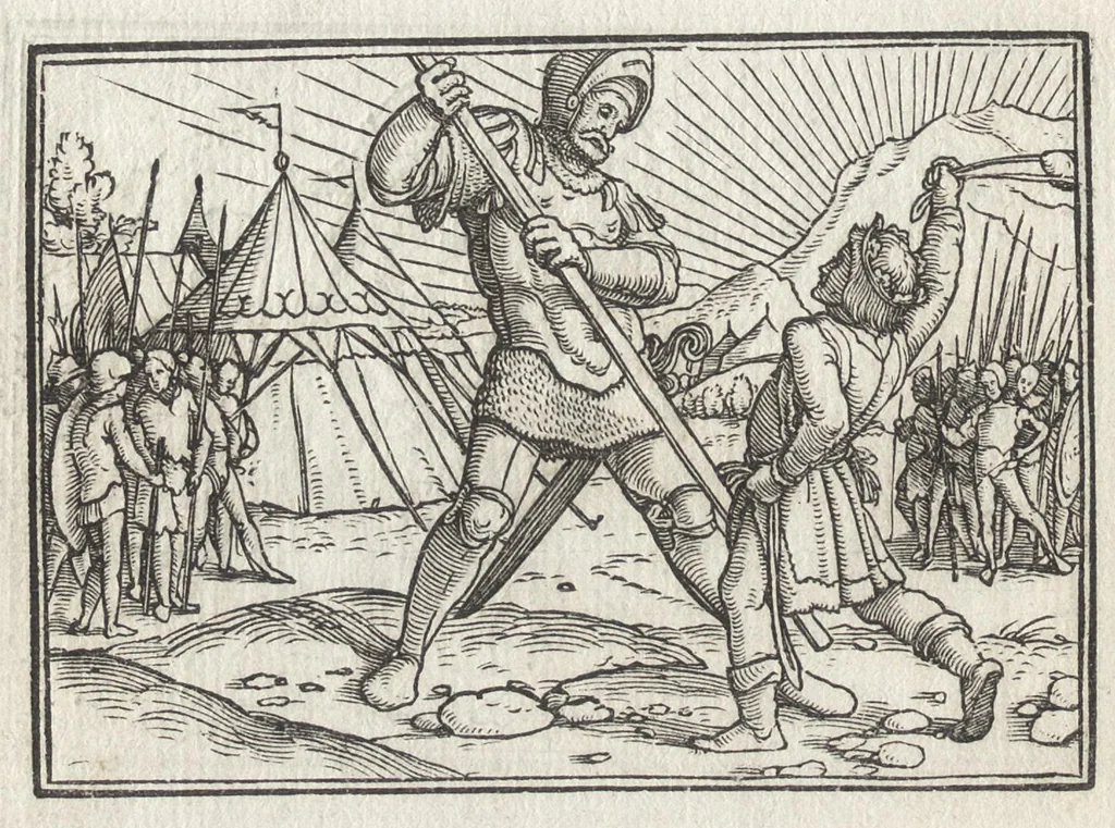 An illustration from Icones historiarvm Veteris Testamenti : ad viuum expressae, extremàque diligentia emendatiores factae : Gallicis in expositione homoeoteleutis, ac versuum ordinibus (qui priùs turbati, ac impares) suo numero restitutis, 1547, leaf 47