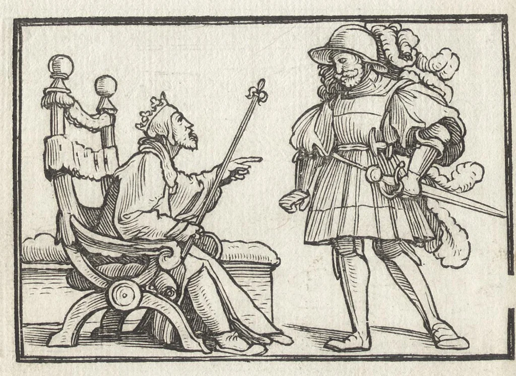 An illustration from Icones historiarvm Veteris Testamenti : ad viuum expressae, extremàque diligentia emendatiores factae : Gallicis in expositione homoeoteleutis, ac versuum ordinibus (qui priùs turbati, ac impares) suo numero restitutis, 1547, leaf 51