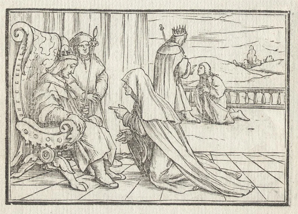 An illustration from Icones historiarvm Veteris Testamenti : ad viuum expressae, extremàque diligentia emendatiores factae : Gallicis in expositione homoeoteleutis, ac versuum ordinibus (qui priùs turbati, ac impares) suo numero restitutis, 1547, leaf 53