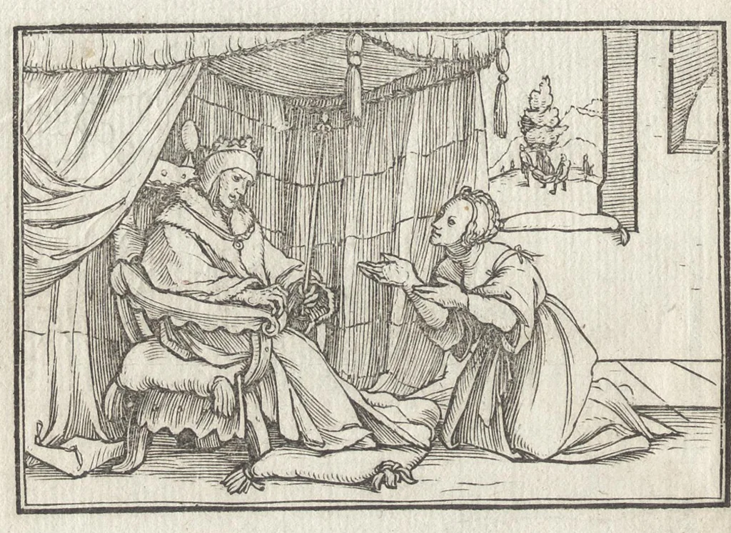 An illustration from Icones historiarvm Veteris Testamenti : ad viuum expressae, extremàque diligentia emendatiores factae : Gallicis in expositione homoeoteleutis, ac versuum ordinibus (qui priùs turbati, ac impares) suo numero restitutis, 1547, leaf 55