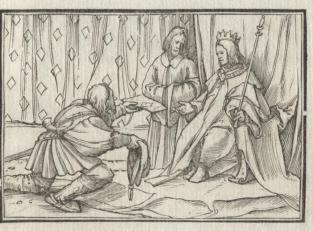 An illustration from Icones historiarvm Veteris Testamenti : ad viuum expressae, extremàque diligentia emendatiores factae : Gallicis in expositione homoeoteleutis, ac versuum ordinibus (qui priùs turbati, ac impares) suo numero restitutis, 1547, leaf 56