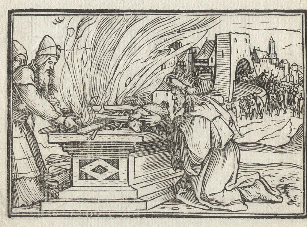 An illustration from Icones historiarvm Veteris Testamenti : ad viuum expressae, extremàque diligentia emendatiores factae : Gallicis in expositione homoeoteleutis, ac versuum ordinibus (qui priùs turbati, ac impares) suo numero restitutis, 1547, leaf 61