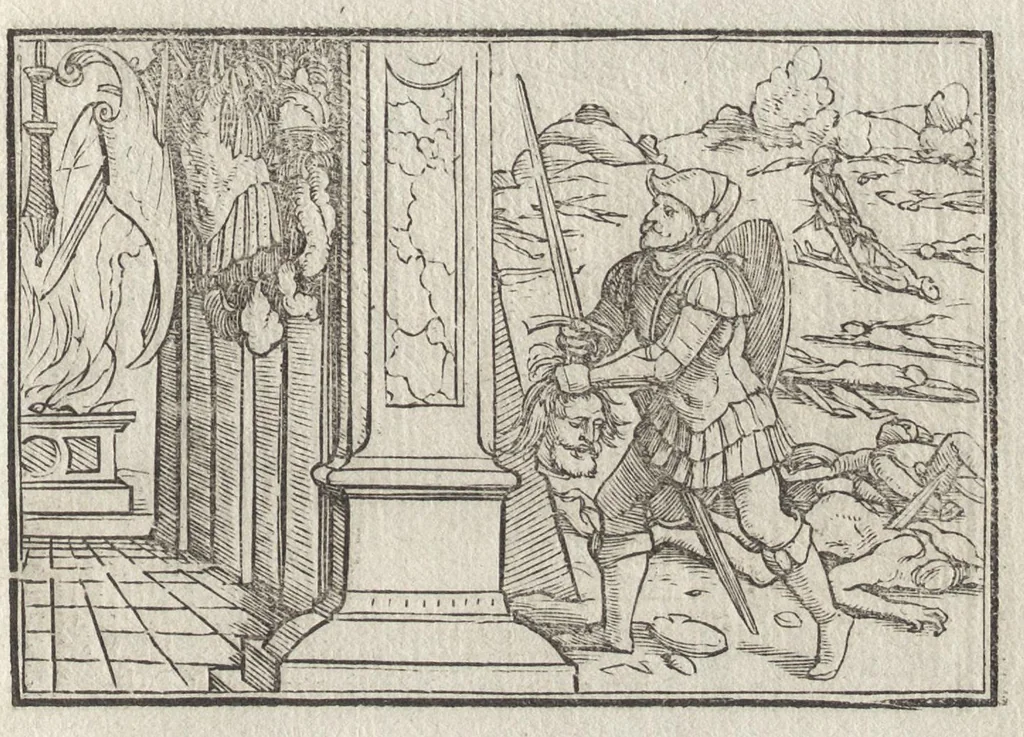 An illustration from Icones historiarvm Veteris Testamenti : ad viuum expressae, extremàque diligentia emendatiores factae : Gallicis in expositione homoeoteleutis, ac versuum ordinibus (qui priùs turbati, ac impares) suo numero restitutis, 1547, leaf 64