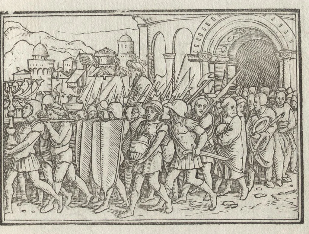 An illustration from Icones historiarvm Veteris Testamenti : ad viuum expressae, extremàque diligentia emendatiores factae : Gallicis in expositione homoeoteleutis, ac versuum ordinibus (qui priùs turbati, ac impares) suo numero restitutis, 1547, leaf 68