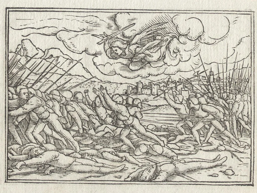 An illustration from Icones historiarvm Veteris Testamenti : ad viuum expressae, extremàque diligentia emendatiores factae : Gallicis in expositione homoeoteleutis, ac versuum ordinibus (qui priùs turbati, ac impares) suo numero restitutis, 1547, leaf 69