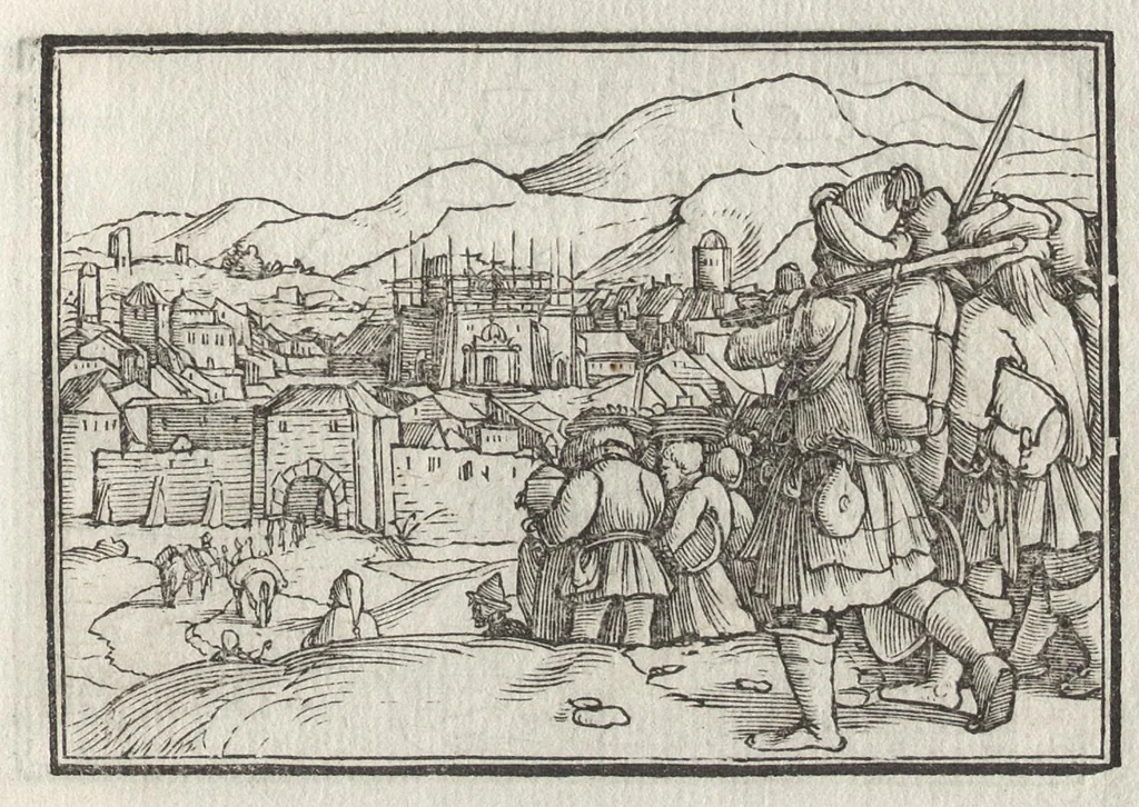 An illustration from Icones historiarvm Veteris Testamenti : ad viuum expressae, extremàque diligentia emendatiores factae : Gallicis in expositione homoeoteleutis, ac versuum ordinibus (qui priùs turbati, ac impares) suo numero restitutis, 1547, leaf 70