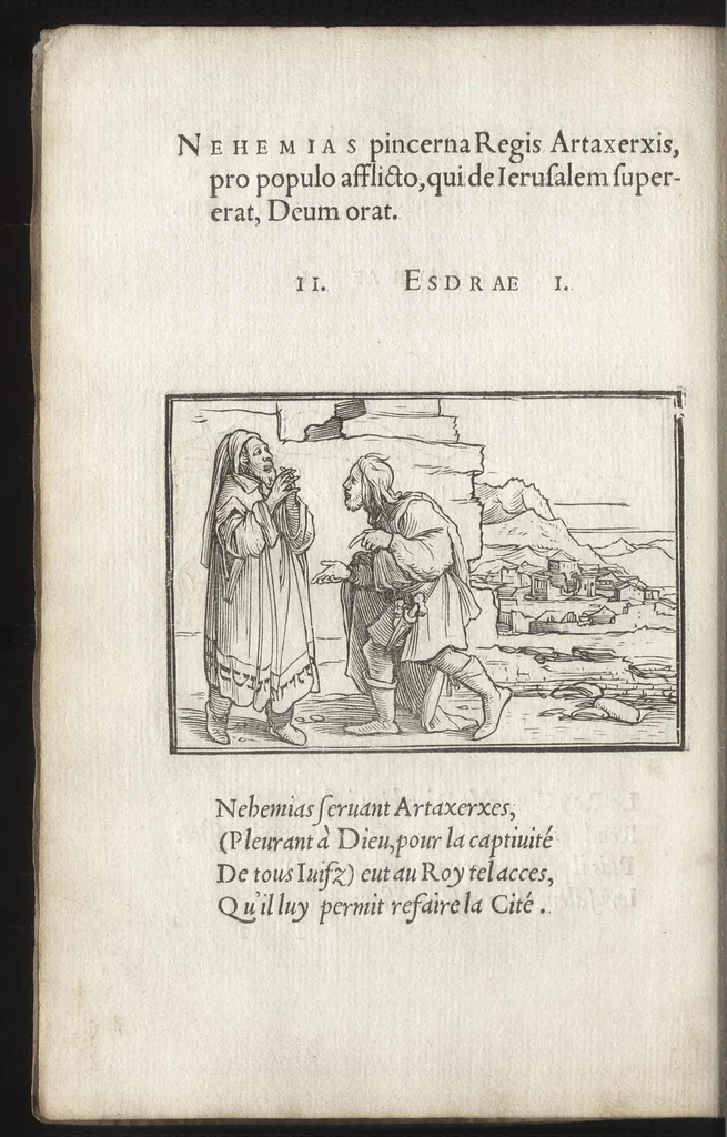 An illustration from Icones historiarvm Veteris Testamenti : ad viuum expressae, extremàque diligentia emendatiores factae : Gallicis in expositione homoeoteleutis, ac versuum ordinibus (qui priùs turbati, ac impares) suo numero restitutis, 1547, leaf 71