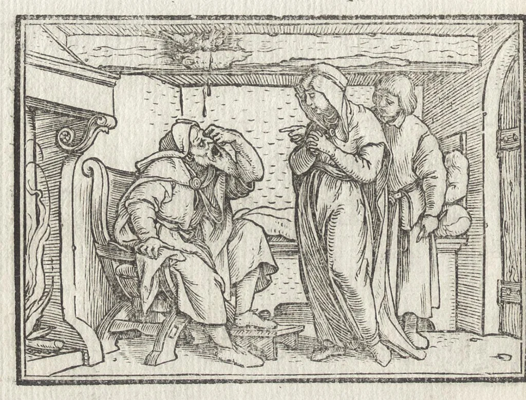An illustration from Icones historiarvm Veteris Testamenti : ad viuum expressae, extremàque diligentia emendatiores factae : Gallicis in expositione homoeoteleutis, ac versuum ordinibus (qui priùs turbati, ac impares) suo numero restitutis, 1547, leaf 73