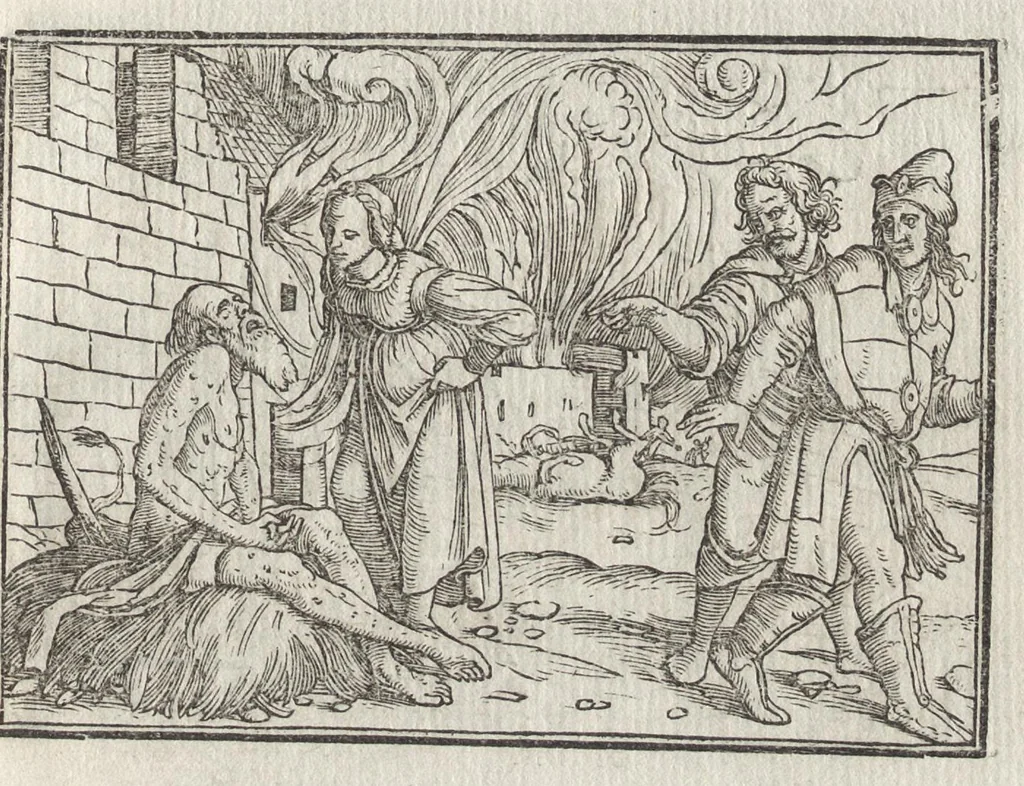 An illustration from Icones historiarvm Veteris Testamenti : ad viuum expressae, extremàque diligentia emendatiores factae : Gallicis in expositione homoeoteleutis, ac versuum ordinibus (qui priùs turbati, ac impares) suo numero restitutis, 1547, leaf 74