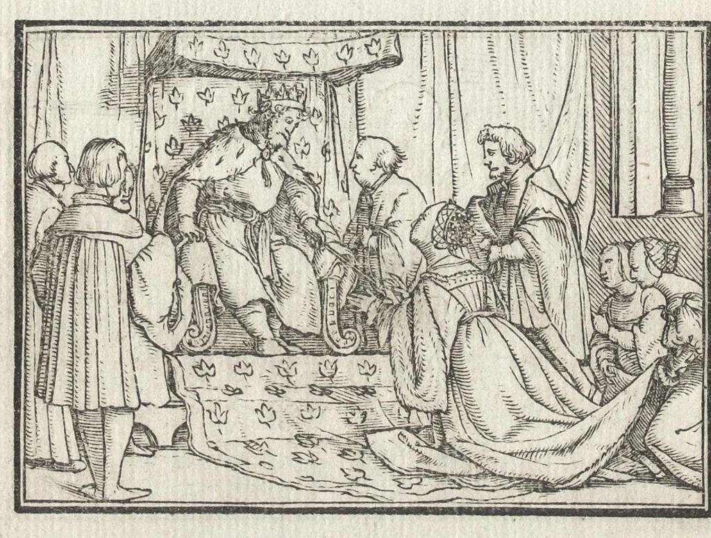 An illustration from Icones historiarvm Veteris Testamenti : ad viuum expressae, extremàque diligentia emendatiores factae : Gallicis in expositione homoeoteleutis, ac versuum ordinibus (qui priùs turbati, ac impares) suo numero restitutis, 1547, leaf 77