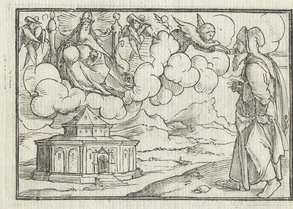 An illustration from Icones historiarvm Veteris Testamenti : ad viuum expressae, extremàque diligentia emendatiores factae : Gallicis in expositione homoeoteleutis, ac versuum ordinibus (qui priùs turbati, ac impares) suo numero restitutis, 1547, leaf 85