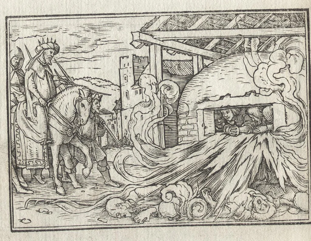 An illustration from Icones historiarvm Veteris Testamenti : ad viuum expressae, extremàque diligentia emendatiores factae : Gallicis in expositione homoeoteleutis, ac versuum ordinibus (qui priùs turbati, ac impares) suo numero restitutis, 1547, leaf 91