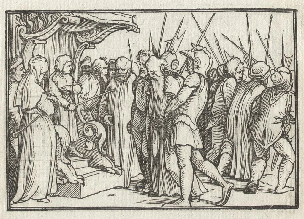 An illustration from Icones historiarvm Veteris Testamenti : ad viuum expressae, extremàque diligentia emendatiores factae : Gallicis in expositione homoeoteleutis, ac versuum ordinibus (qui priùs turbati, ac impares) suo numero restitutis, 1547, leaf 95