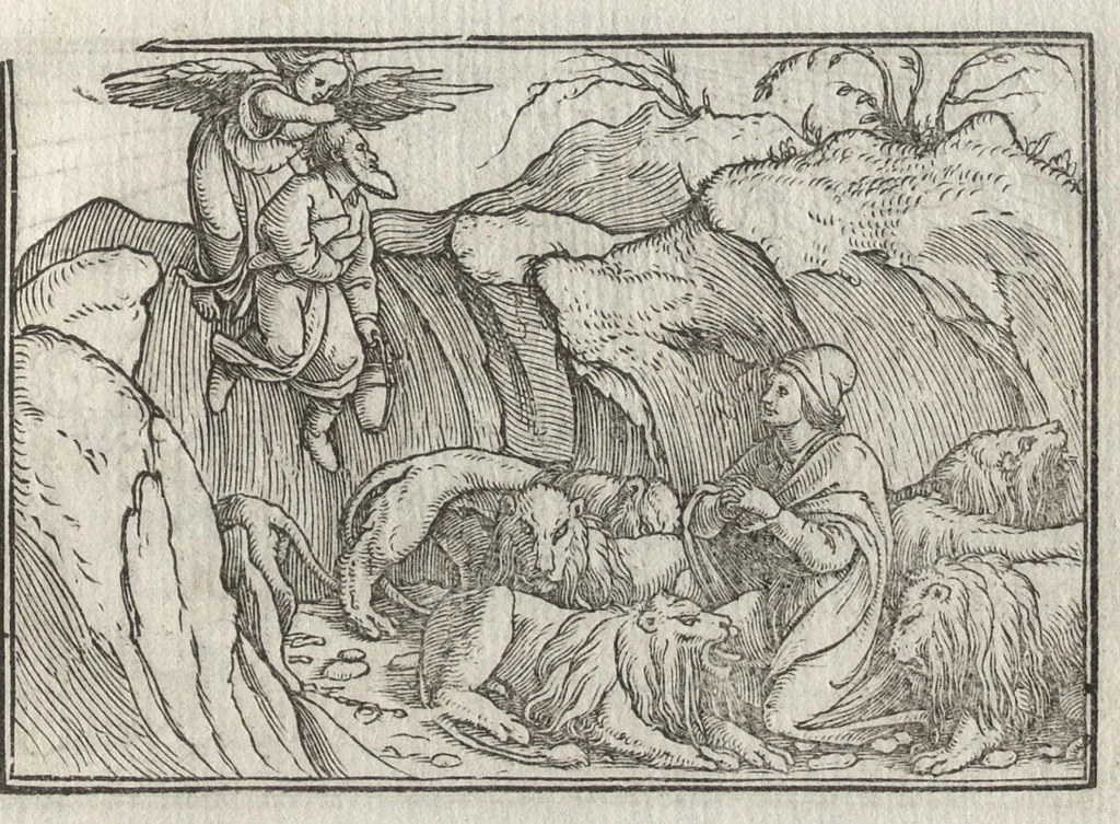 An illustration from Icones historiarvm Veteris Testamenti : ad viuum expressae, extremàque diligentia emendatiores factae : Gallicis in expositione homoeoteleutis, ac versuum ordinibus (qui priùs turbati, ac impares) suo numero restitutis, 1547, leaf 96